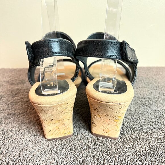 Clarks Womens Kyarra Faye‎ Black Leather Cork Wedges Sandals Shoes 12M New - Picture 8 of 14